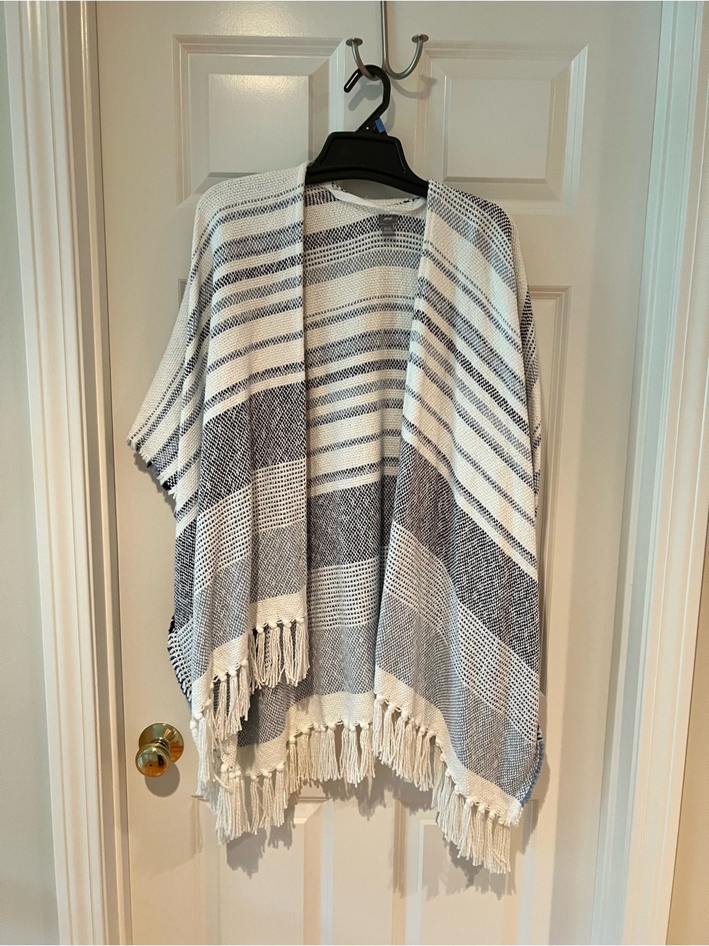 Aerie Striped Fringe Open Poncho in White and Blue